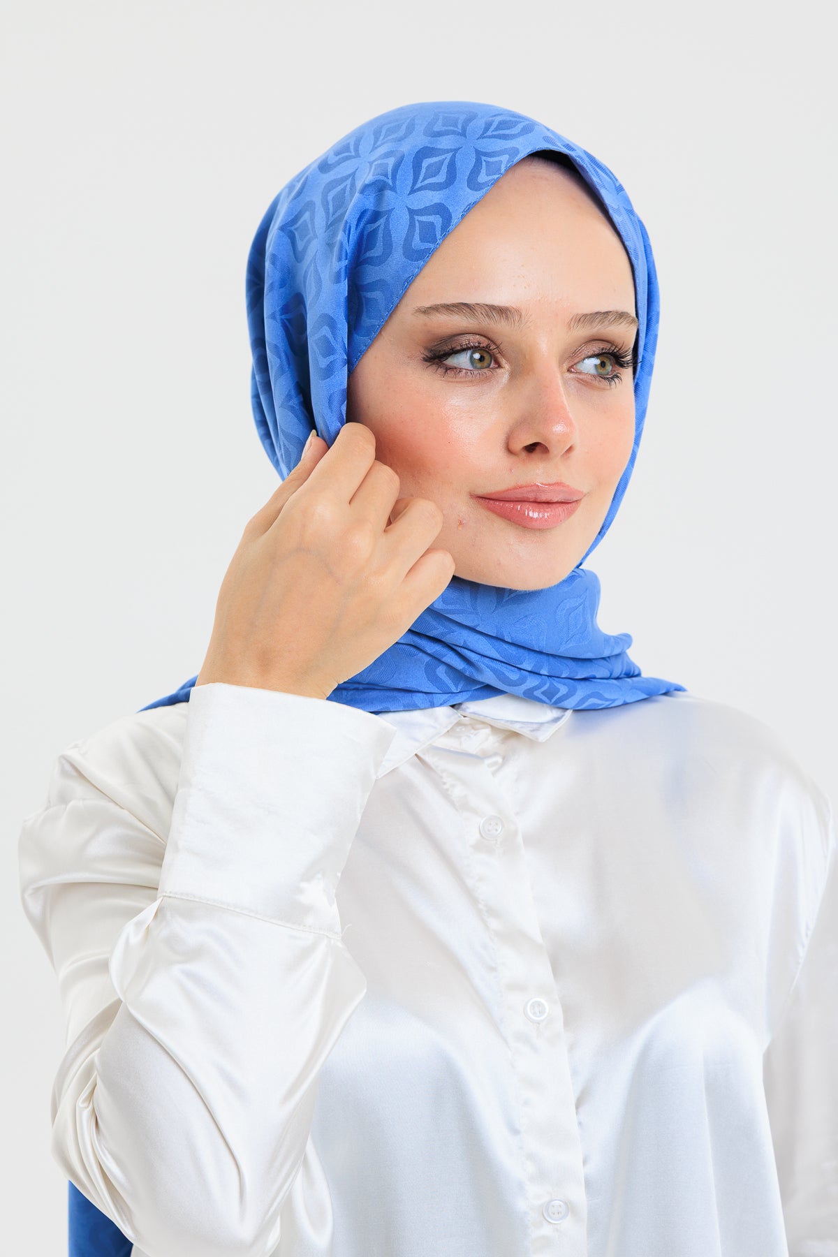 DELMAR Lior Mavi Lale Desenli Pamuklu Jakarlı Şal