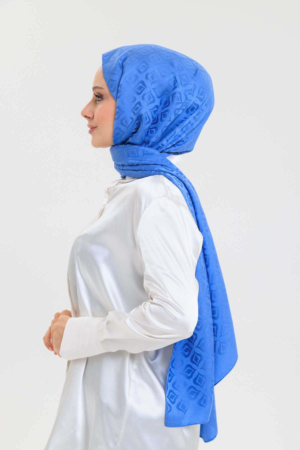 DELMAR Lior Mavi Lale Desenli Pamuklu Jakarlı Şal